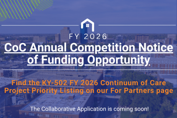 The image of Lexington is overlaid with text which states the KY-502 FY 2026 CoC Project Priority Listing is now available on the Resources for Partners page and the Collaborative Application is coming soon.